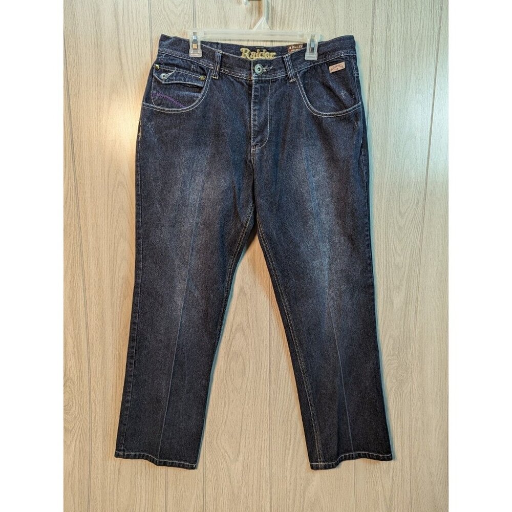 Raider Jeans Ar48 Mens 38x32 Baggy Wide Leg Embroidered Denim Blue Grunge Y2K